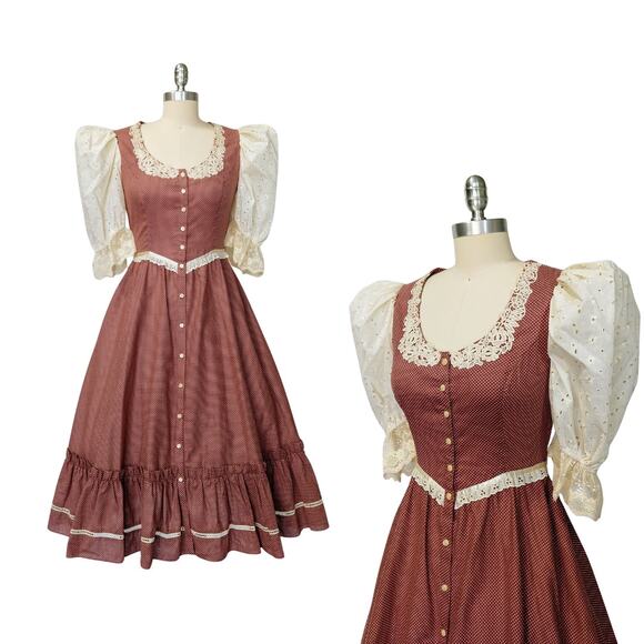 Gunne Sax Dresses & Skirts - Gunne Sax Red Polka Dot Midi Dress Size 9 Eyelet Lace Prairie Calico